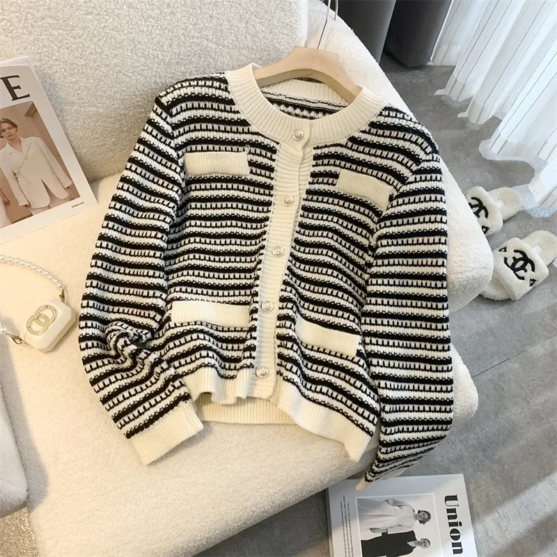 2024 зимняя вязаная куртка в полоску милый кардиган женский корейский пуловер с