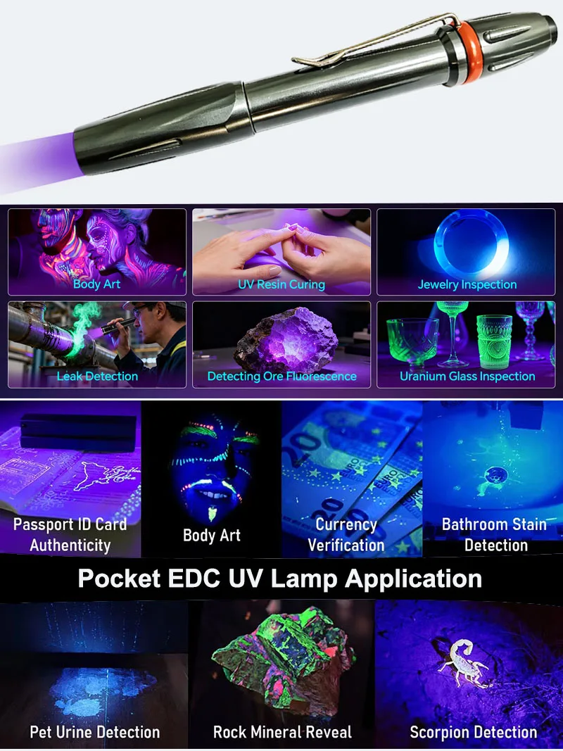 Ультрафиолетовый фонарик 3 Вт LED UV 395 нм, премиум-класса, миниатюрный карманный EDC фонарь для обнаружения утечек, проверки кондиционеров, отверждения клеи. (art.: 3920dcfb4bc82) - 3920dcfb4bc82