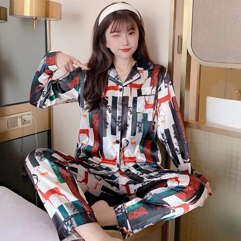 Women's Silk Pajamas Autumn Women's Sexy Ice Silk Pajamas Women's Silk Satin Home Wear Loose Casual Two-piece Fashion Pajamas
