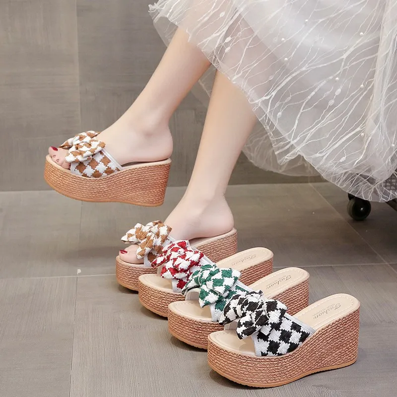 

Explosive Ladies Slippers Fashion Open Toe 2022 Summer Shoes Bow High Heels Ladies Slippers Thick Sole Wedge Heel Women's Shoes