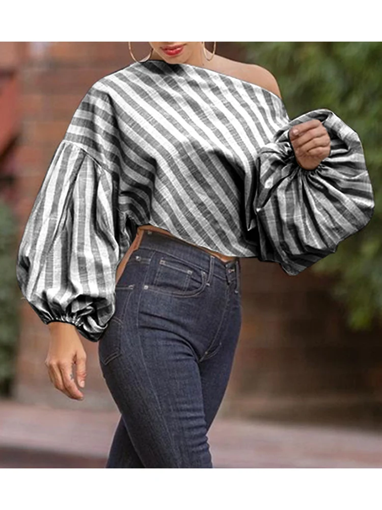 

ZANZEA 2022 Spring Irregular Shirts Casual Striped Tops Tunic Women Puff Sleeve Blouse Oversized Baggy Fashion OL Blusas Chemise