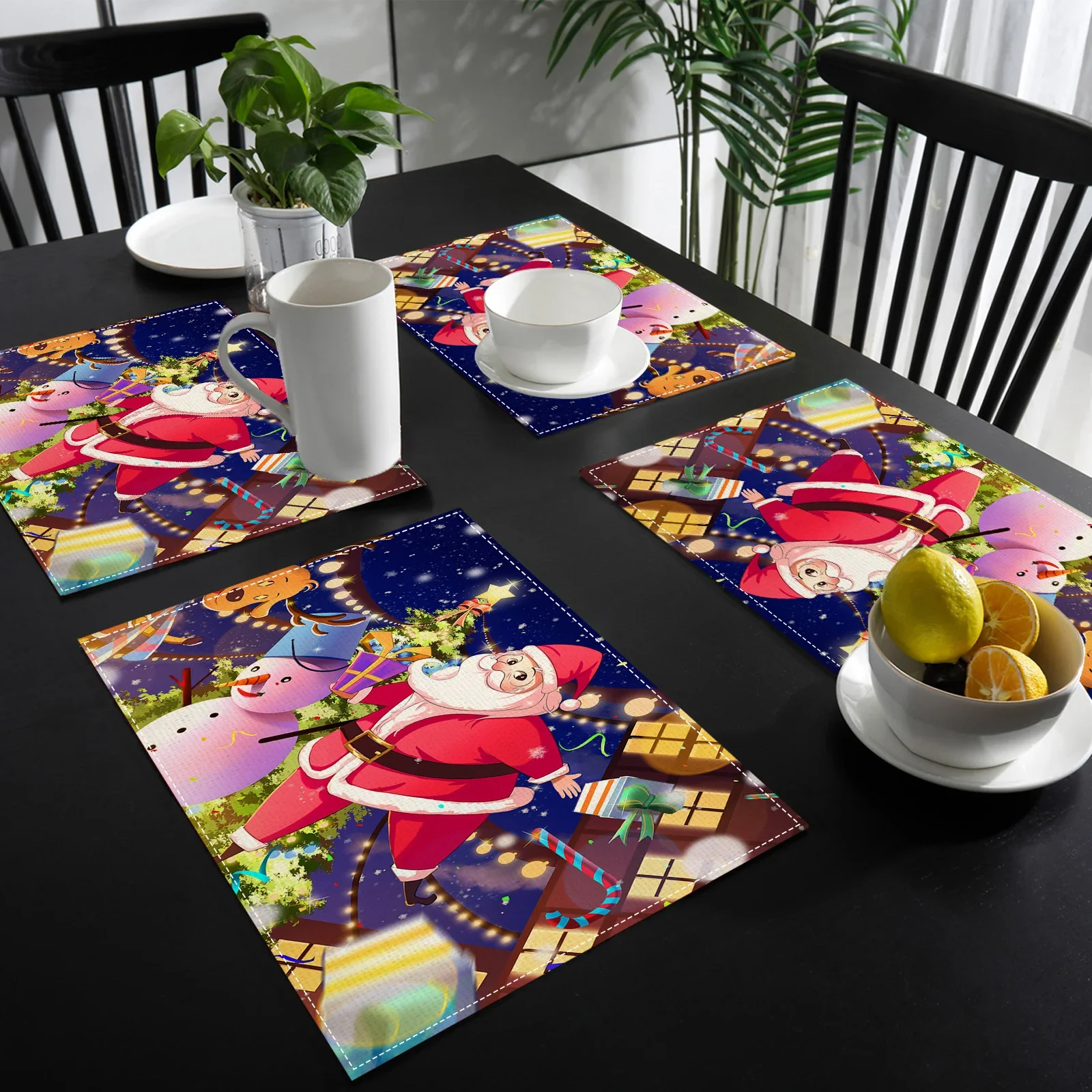 Набор из 4 праздничных рождественских льняных салфеток-Санта снеговик олень с