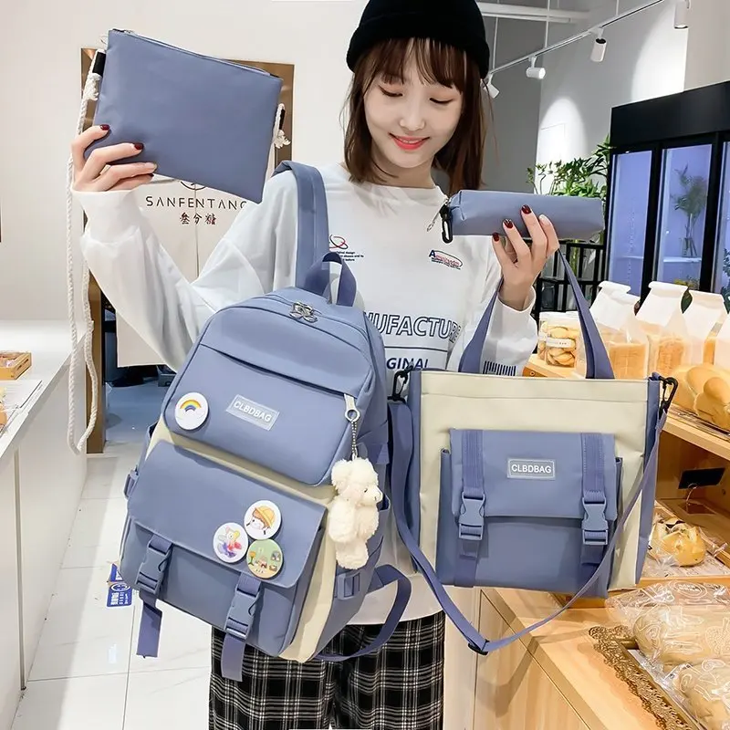 2022 Women Laptop Backpack 4 Pcs Set Harajuku Canvas School Bags For Teenage Girls Kawaii College Student Kids Book Bag Rucksack