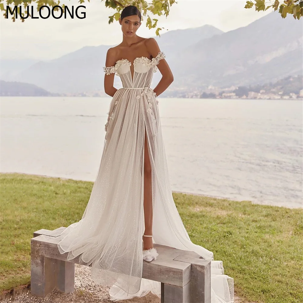 

MULOONG Elegant White Sweetheart Flowers Appliques Lace A Line Wedding Dress Floor Length Sweep Train High Side Slit Gown New