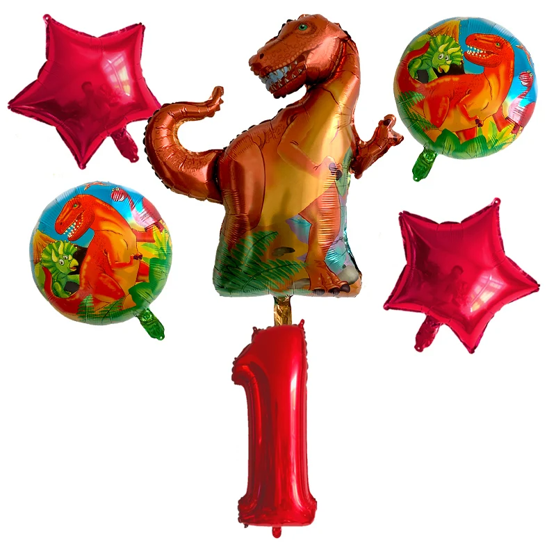 

6pcs Dinosaur Foil Balloons Red Green Fruit Green Number Balloons Dinosaur Theme Birthday Party Jungle Party Decoration Supplies