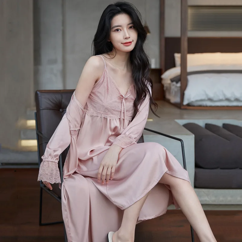 

2PCS Kimono Robe Set Female Nightwear Casual Summer Sleepdress Long Sleeve Intimate Lingerie Sexy Lace Bathrobe Gown Loungewear