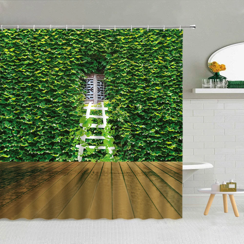 

Vine Leaf Shower Curtain Rock Brick Wall Colorful Flowers Peacocks Bathroom Decor Spring Scenery Bath Waterproof Curtains