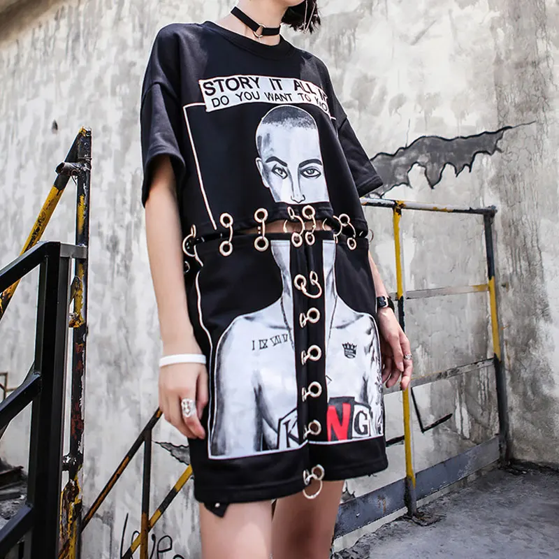 

Hip Hop Top Tees Summer Hollow Out shirt Gothic Punk Metal Ring T Shirts Women Oversized Kpop Korean Cotton Loose Tshirts Street