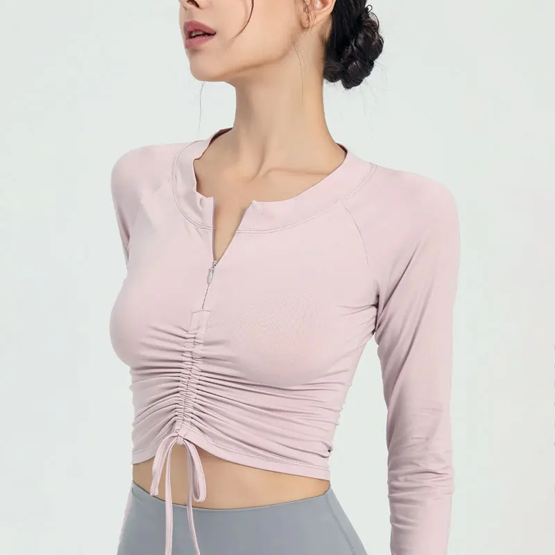 Long Sleeve Shirt Semi Zip Front Drawstring Yoga Tops Woman Sports Activewear Running Top for Fitness Female Blouse Gym Women