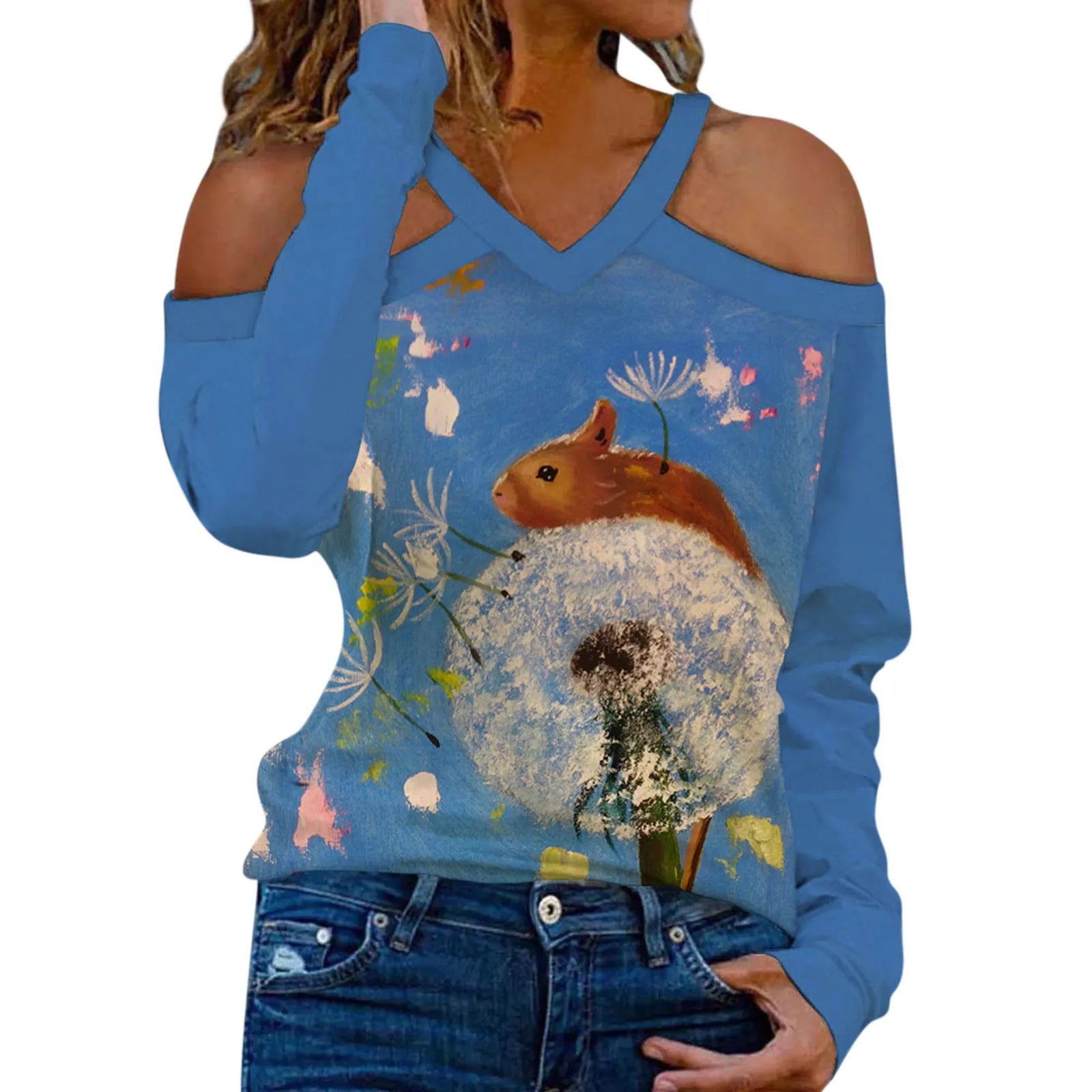 

Женская футболка с длинным рукавом, V-образным вырезом и 3D-принтом