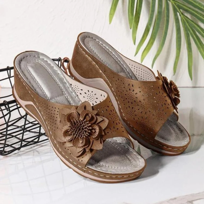 Suede Zapatos Mujer Soft Footbed Orthopedic Arch-Support Sandals Women Flower Hollow Summer Beach Shoes босоножки женские Heels