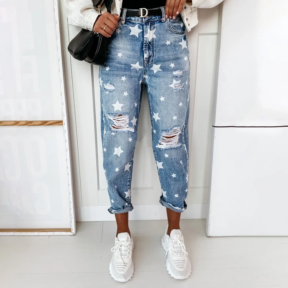 2023 Spring Boyfriend Jeans Woman Slim Hole Jeans For Ladies With Five-Pointed Star Ripped Jeans Street Casual Blue Denim Pants