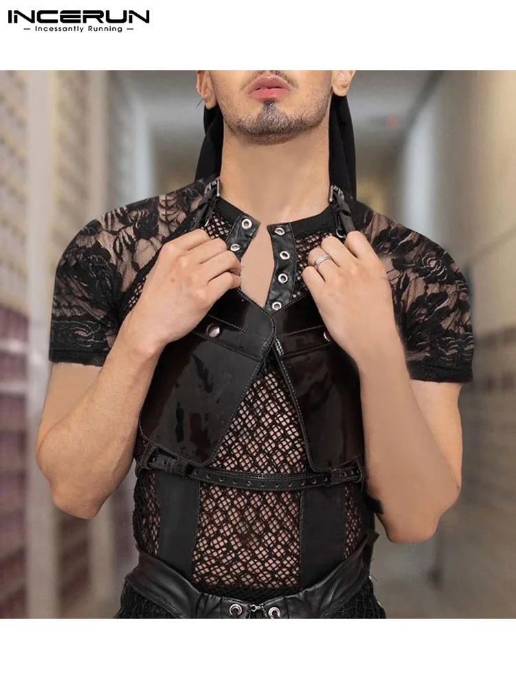 

Футболка INCERUN мужская с сетчатым кружевом, 2022 прозрачная, с V-образным вырезом и коротким рукавом