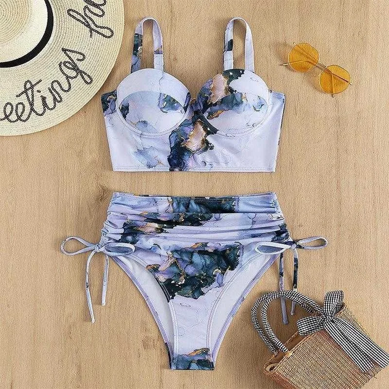 

Fashion Sexy Bikini Tie Dyed Ink Steel Bracket High Waist Beach Split Swimsuit For