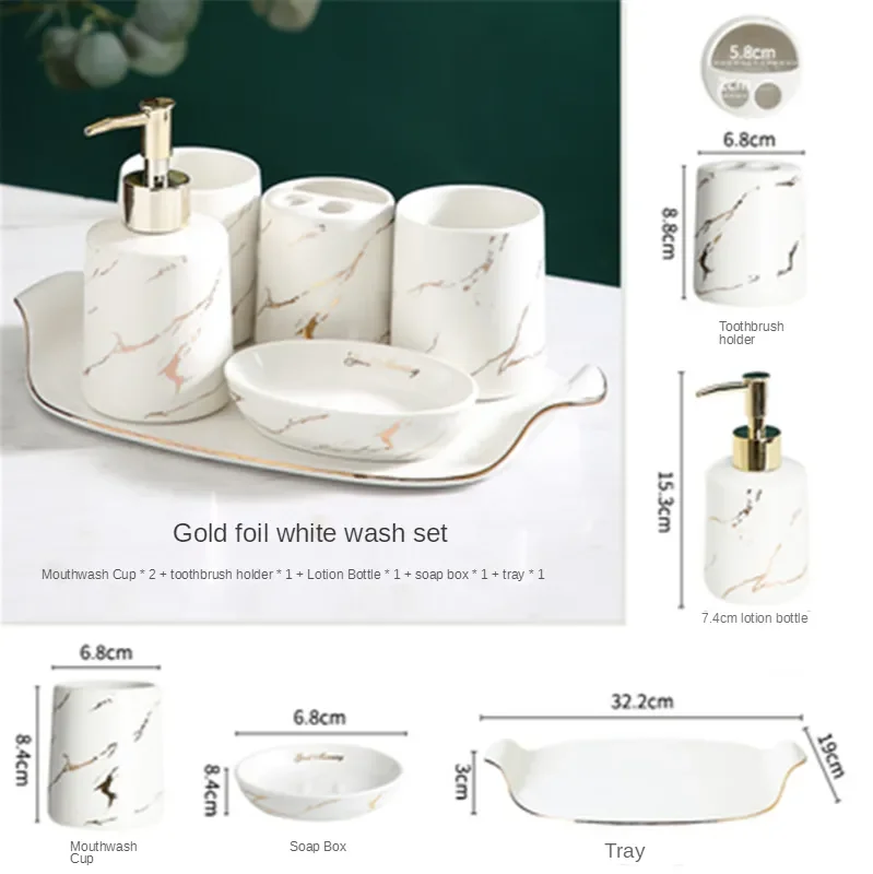 

Bathroom Supplies, Toiletry Set,Soap Box, Tooth Cup, Toothbrush Holder, Storage Tray, Ceramic Bathroom Six-Piece Set Gift