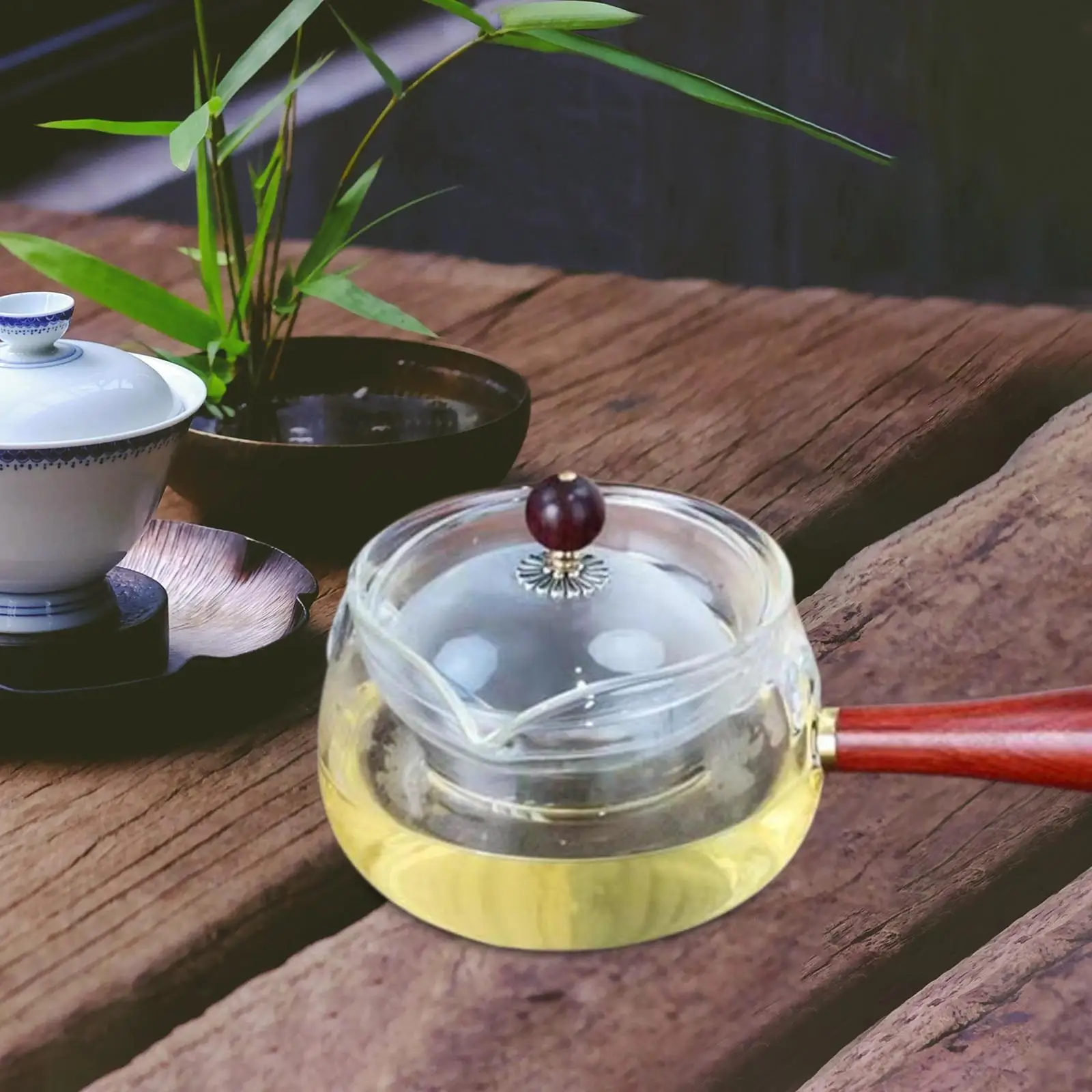 

Вращающийся стеклянный чайник для кипячения сбоку, 500 мл, прочный Прорезыватель для цветущего чая, со съемной прозрачной деревянной ручкой для дома