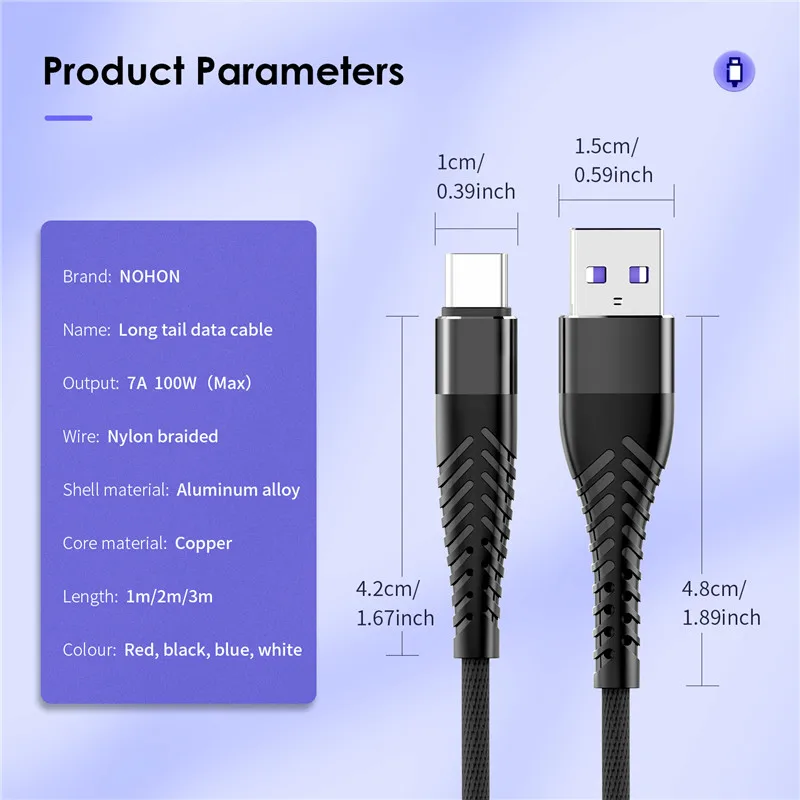 7A 100W Type C USB C Cable Super-Fast Charge Cable for Huawei P40 Mate 40 30 Pro Honor 70 Fast Charging USB Charger Data Cord 3M 6