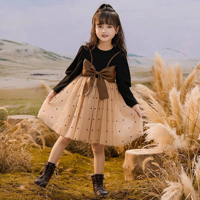 

Новинка Весна 2023, стильное винтажное платье в горошек с хлопковой подкладкой и бантом для девушек, платье без застежек с длинным рукавом, юбка из пряжи