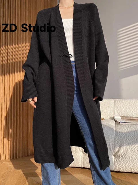 

[ZD Studio] Black Size Horn Button Knitting Cardigan Sweater Loose V-Neck Long Sleeve Women New Autumn Winter 2023