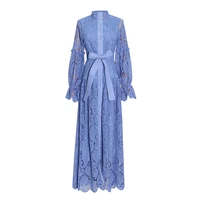lace split long dress autumn new lantern sleeve stand collar single breasted high waist hollow dress solid color maxi long dress
