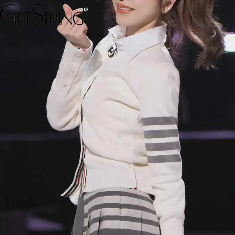 

GetSpring Women Sweater 2022 Summer Four Striped V Neck Full Sleeve Single Breasted Knitted Cardigan Jacket Slim Thin Top 2022