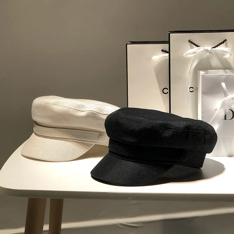 

Ohmmayby Spring and Summer New Beret Thin Cotton Linen White Flat Top Sun Proof Breathable Octagonal Hat Berets Caps for Women