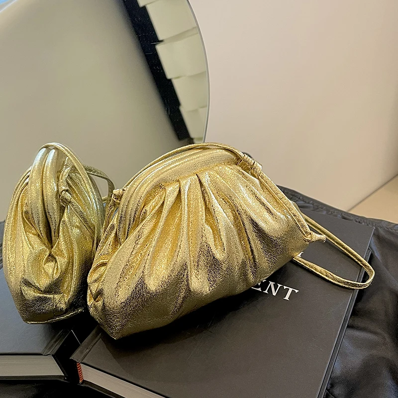 

Luxury Gold Silver Bag Handbag Women Fashion Clutches Pleated Evening Purse Quality Soft Leather Chain Shoulder Crossbody Bags