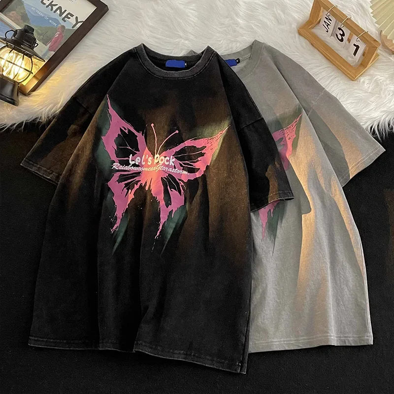 Vintage American Style T-shirt Men's Distressed Heavy Short Sleeve Cotton Tvintage Half Clothing Trendy Brand