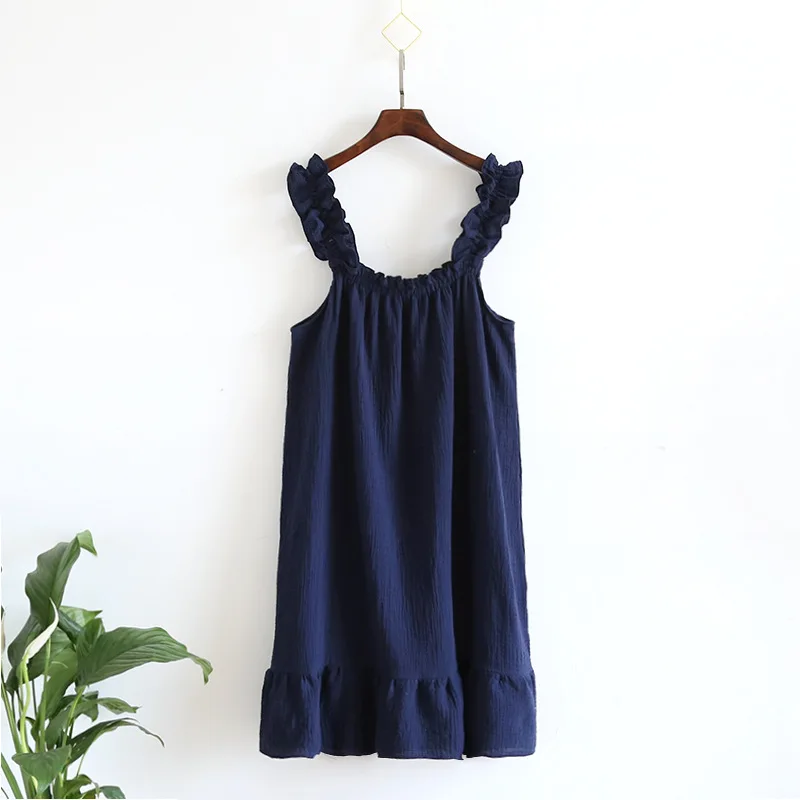 2023 Summer New Style Nightdress Ladies 100% Cotton Crepe Thin Vest Suspender Skirt Loose Long Skirt Sweet And Cute Home Skirt