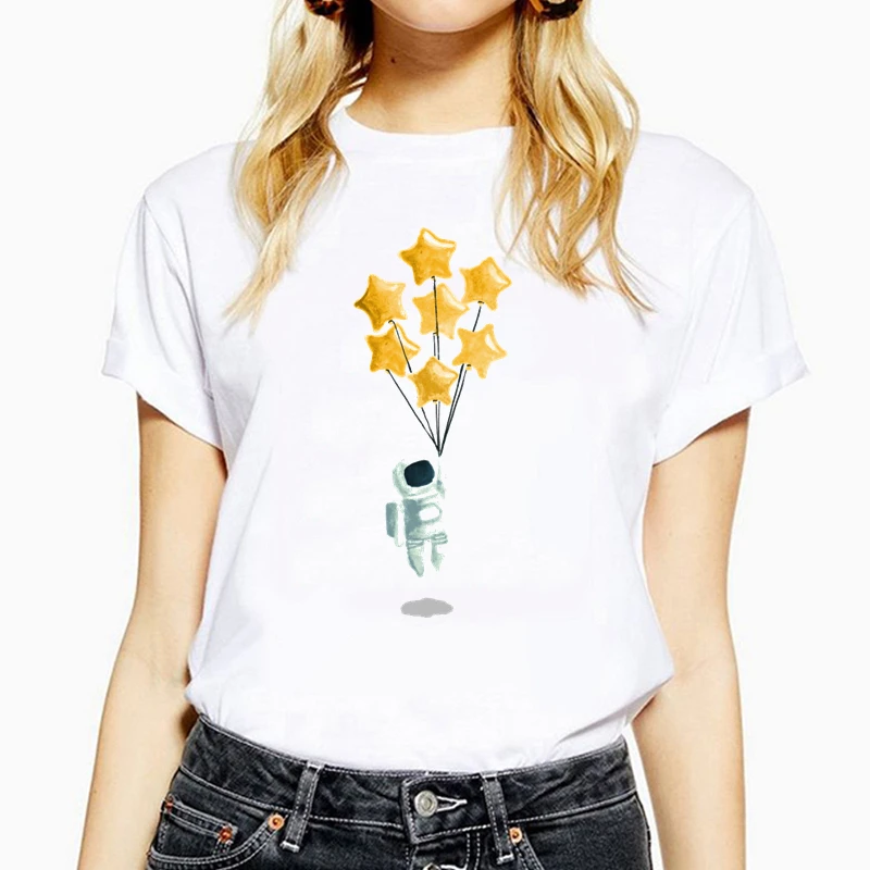 

Creative astronaut pulling star balloon Print Women t shirt Cute Plus Size Summer Short Sleeve t-shirt Ladies TShirt Tops