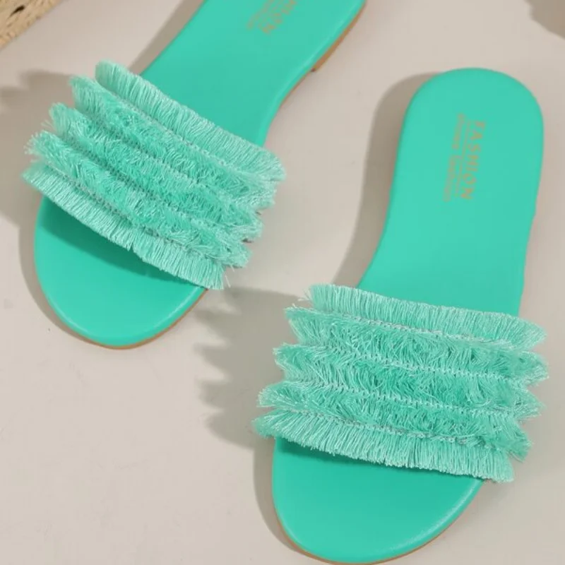 Vacation Fringe Detail Single Band Flat Sandals Women's Summer Fashion Casual Party Slides Outdoor Slippers Open Toe Pumps Shoes