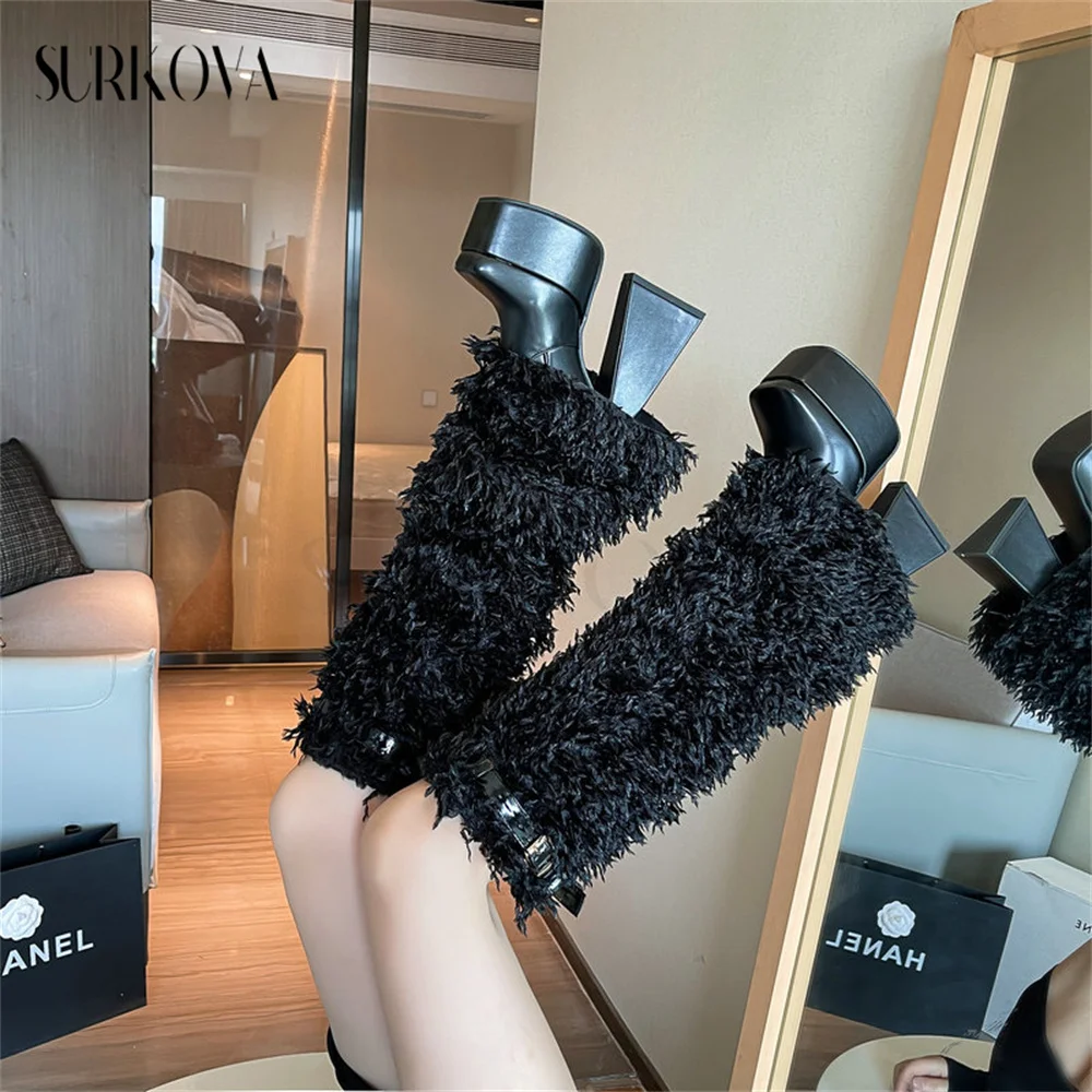 Women's Boots Fur Boots Autumn Winter New Square Toe Thick Heel Super High Heel Belt Buckle Women's Knee High Boots Cotton Boots
