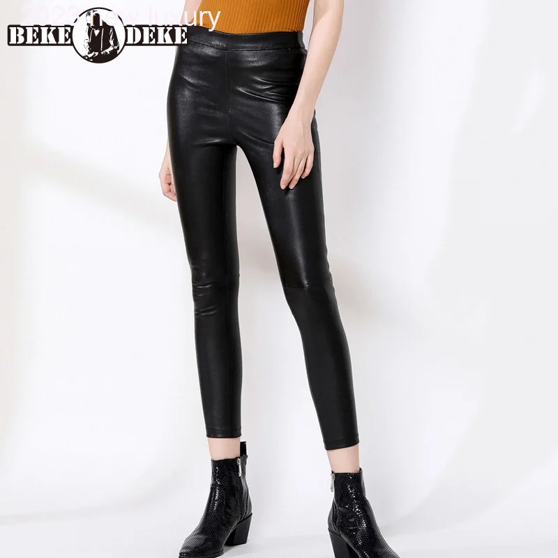 

Sheepskin Women Street Pencil Pants Elastic Waist Skinny Stretch Slim Real Leather Trousers High Quality Casual Black Pants