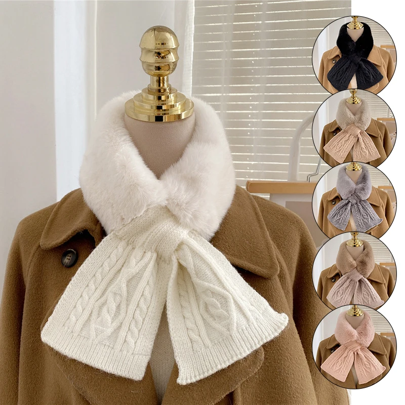 

Winter Plush Scarf for Woman Thick Fish Tail Wool Knit Cross Fur Collar Outdoor Cycling Neck Protect Cervical Spine Warm Scarve
