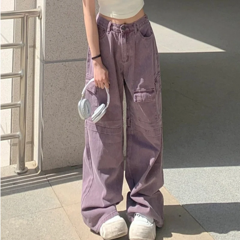 

Джинсы-карго женские с завышенной талией, свободные широкие брюки-багги в Корейском стиле, винтажные штаны в стиле Харадзюку, фиолетовые, весна-лето