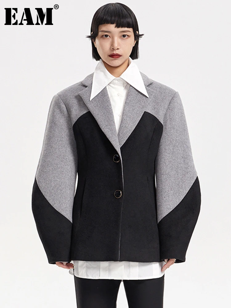 

[EAM] пальто свободного покроя серого цвета в форме блока, шерстяное пальто, парки, новинка, длинный рукав, женская мода, Осень-зима 2022 1DE4905