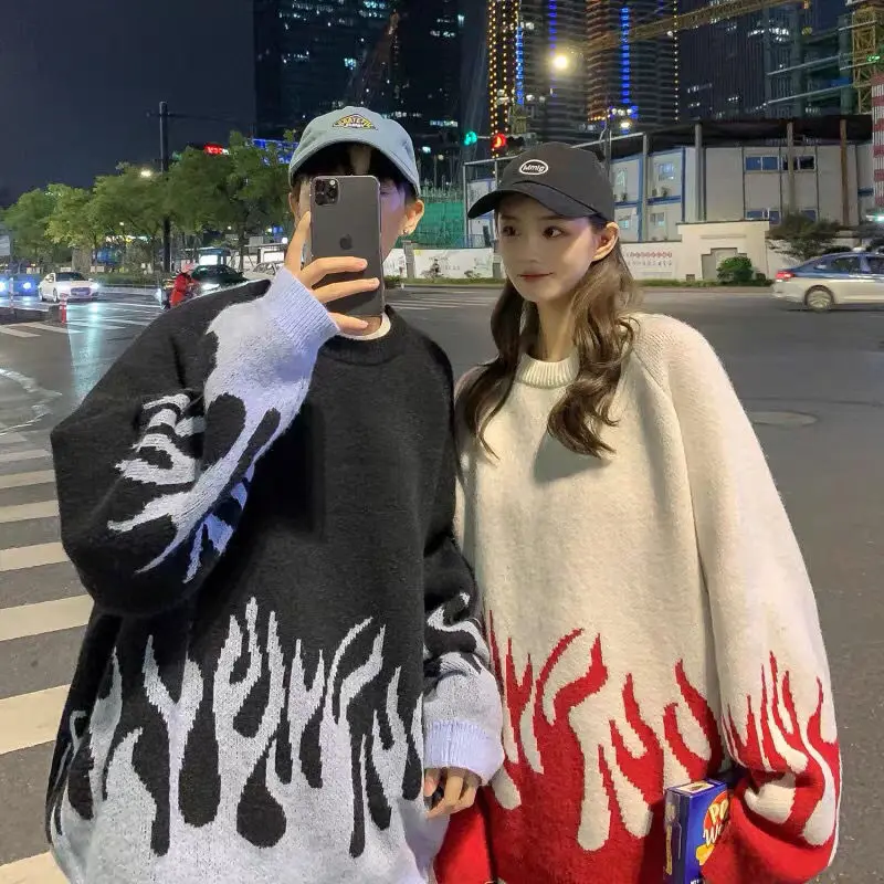 

2022 New Sweater Female Hip-hop Style Flame Jacquard Women Sweater Traf Couple Pullover Knit Top Loose Men Sweater Couple Outfit