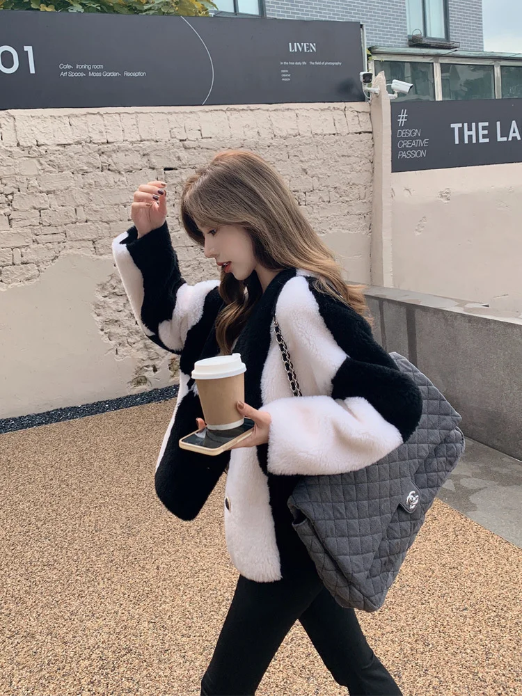 Lamb Wool Coat Autumn Winter 2022 Korean Chic Women Checkerboard Wool Grain Cashmere Lamb Fur Coat Fashion Casual Lady Jackets