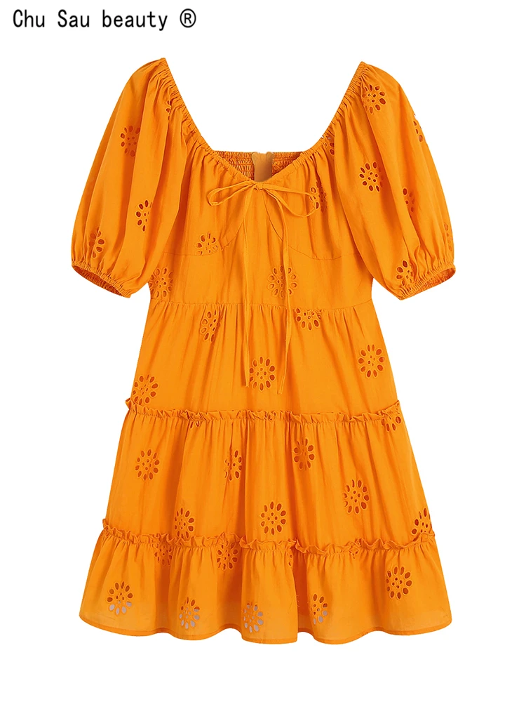 

ZA 2022 Summer New Fashion Women Casual Solid Color Puff Sleeve V-Neck Hollow Out Embroidery Lace-Up Dress