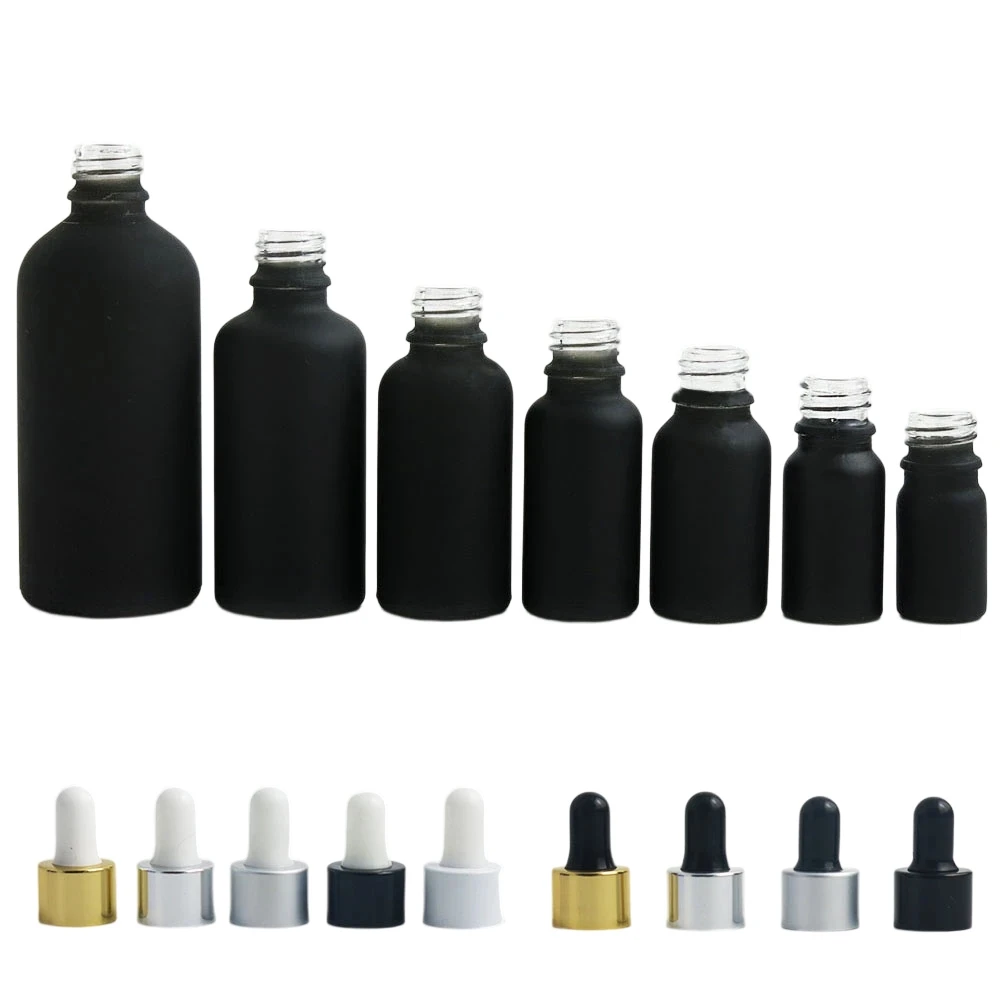 

200pcs/lot 5-100ml Essential Oil Glass Bottle With Eye Dropper Matte Black Refillable Cosmetic Container Wholesale