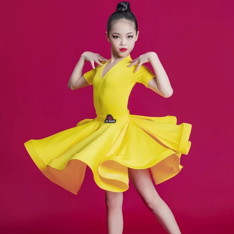 

New Latin dance Dress practice Clothing girls children's competition performance costume large skirt hem Solid color