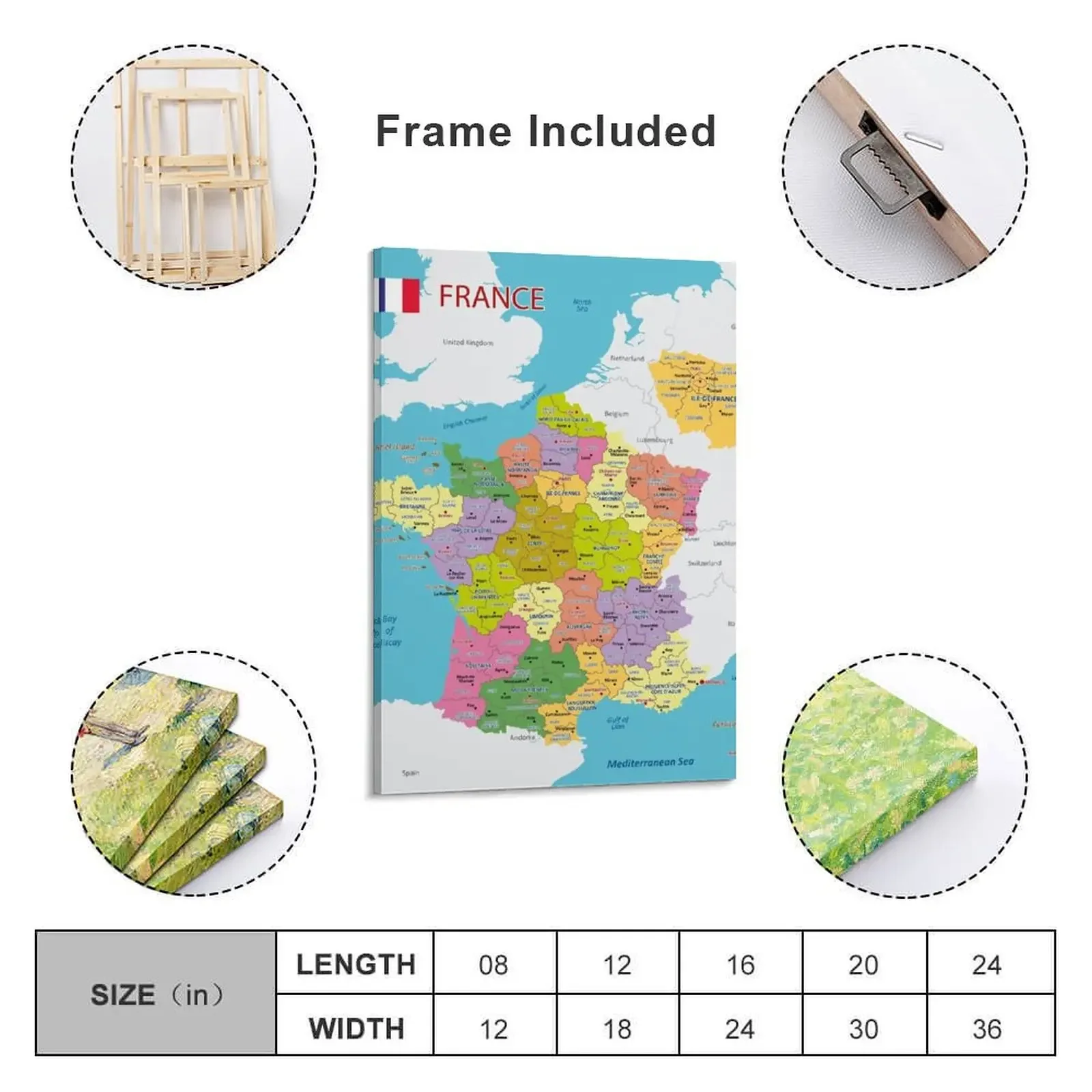 Административная карта Франции Холст Картина Настенное искусство Плакаты на