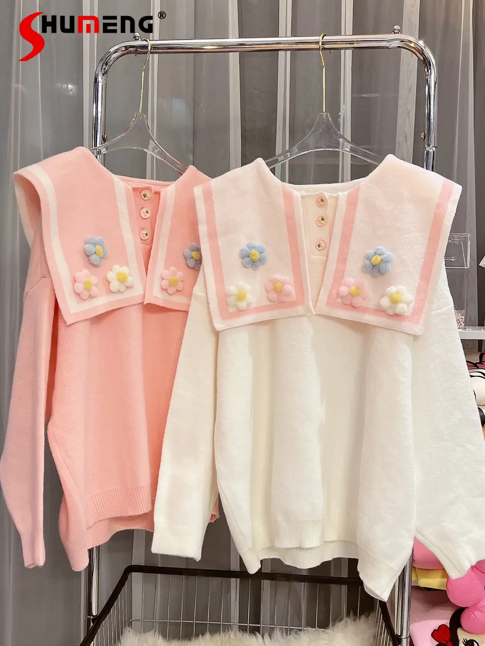 

Sweet Kawaii Flower Sailor Collar Sweater Coat Women Autumn Winter Korean Fashion Preppy Style Loose Thick Knitwear Sweaters Top
