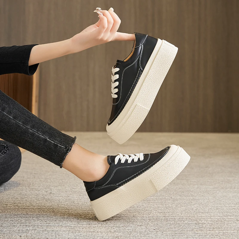 Women's Genuine Leather 2023 Spring Sneakers New Casual Lace-up Women's Sneakers Shoes Platform Board Shoes Women