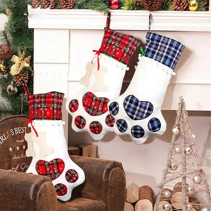 

Christmas Stocking Gift Bag Dog PAWS Christmas Stocking Gingham Bone Stocking Decoration Supplies Festivals Atmosphere Family