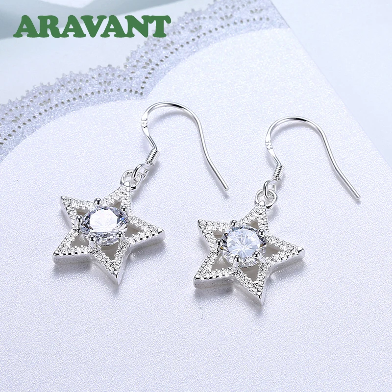 

925 Silver AAAAA Zircon Hollw Star Drop Earrings For Women Fashion Wedding Jewelry