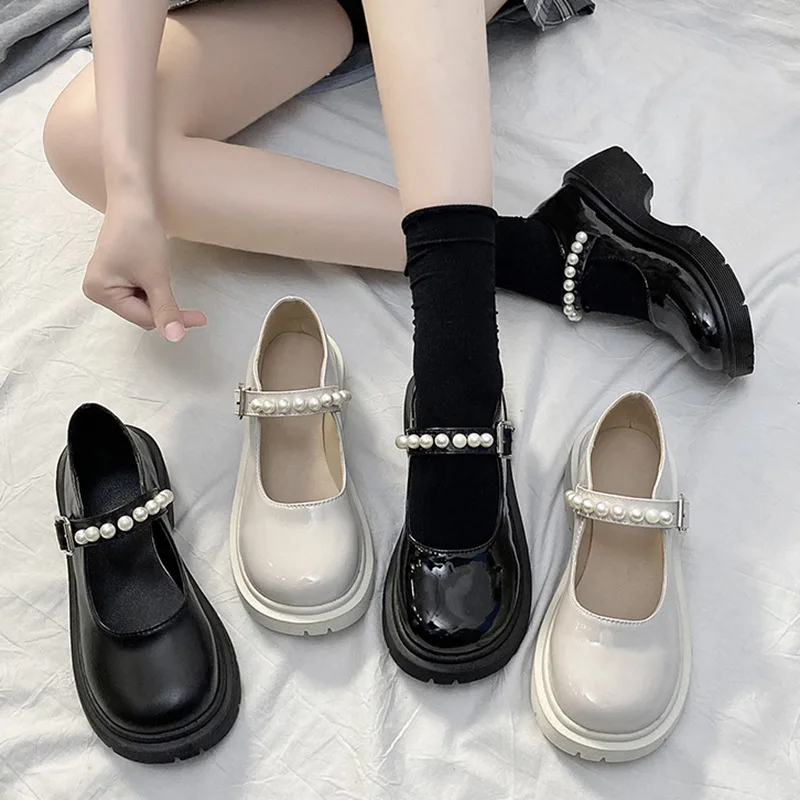 

Lolita Shoes Designer Pearl Band Buckle Women Luxury 2022 Wedge Mary Janes Female Pumps Party Size 35-44 leather Platform Shoes