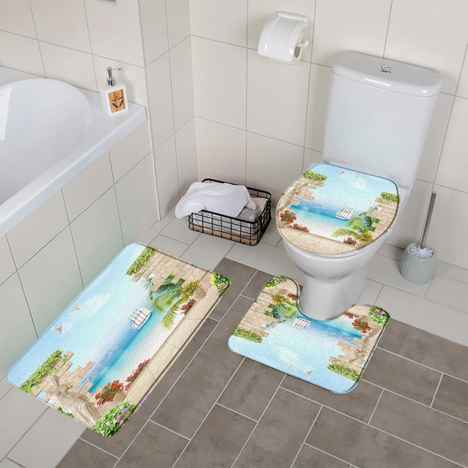 

Набор ковриков для ванны с изображением средиземноморского пейзажа, нескользящий напольный ковер для балкона, декор для ванной комнаты, ак...