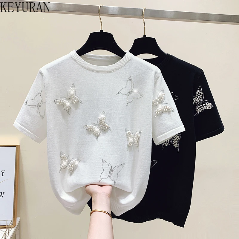 

2022 New Summer Thin Ice Silk Knitted T-shirts Women's Short Sleeve Sweater Woman Butterfly Print Beaded Rhinestone Knitwear Top