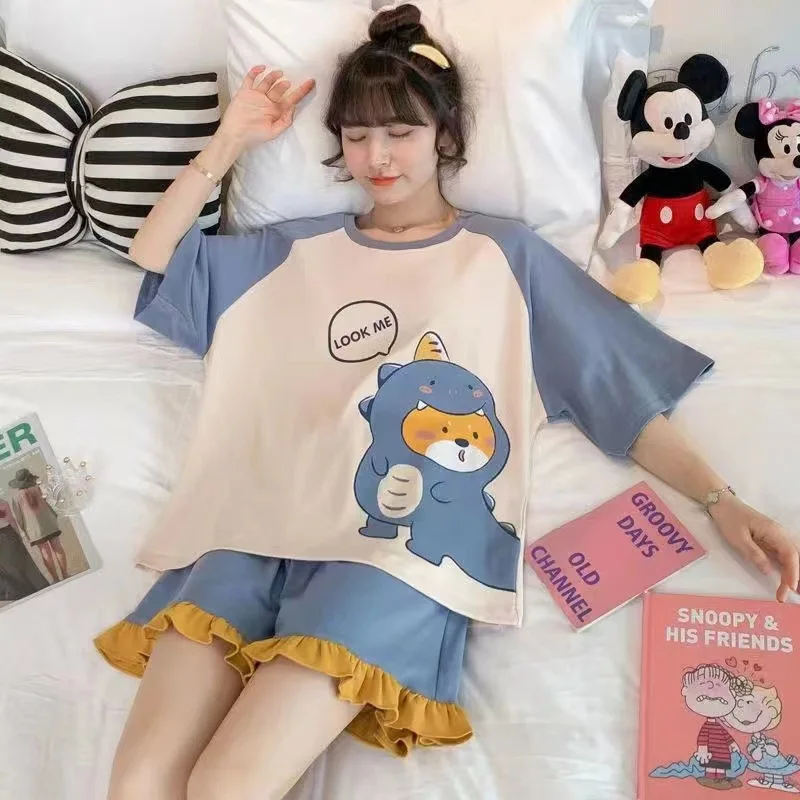 New Plus Size Womens Pajamas Summer Shorts Sleepwear Leisure Womans New Big Size Ladies Cute Cartoon Printing Pyjama Home Suit